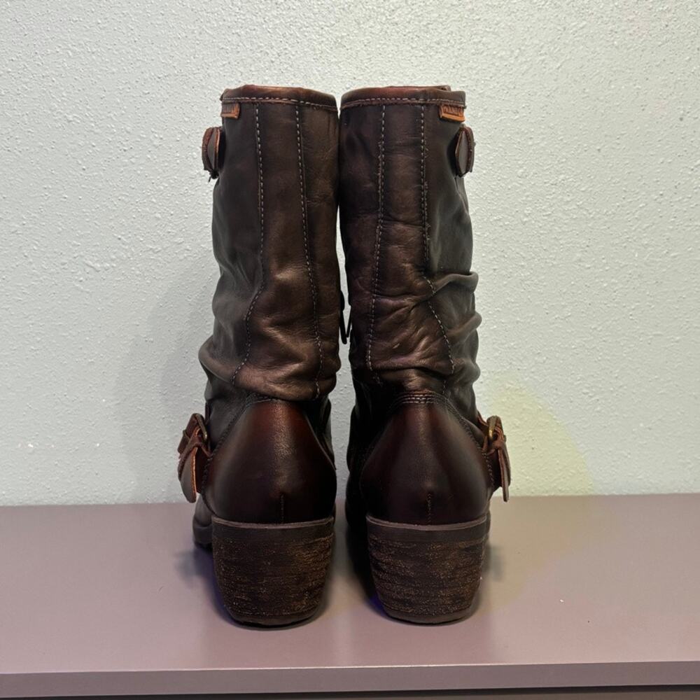 Pikolinos Brown Leather Mid Calf Slouch Le Mans Boots Double Buckle EU 40 US 9 - Picture 4 of 8